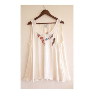 Ariat Tank Top Ivory Embroidered Feather Pleated L NEW Boho Western hippie Chic